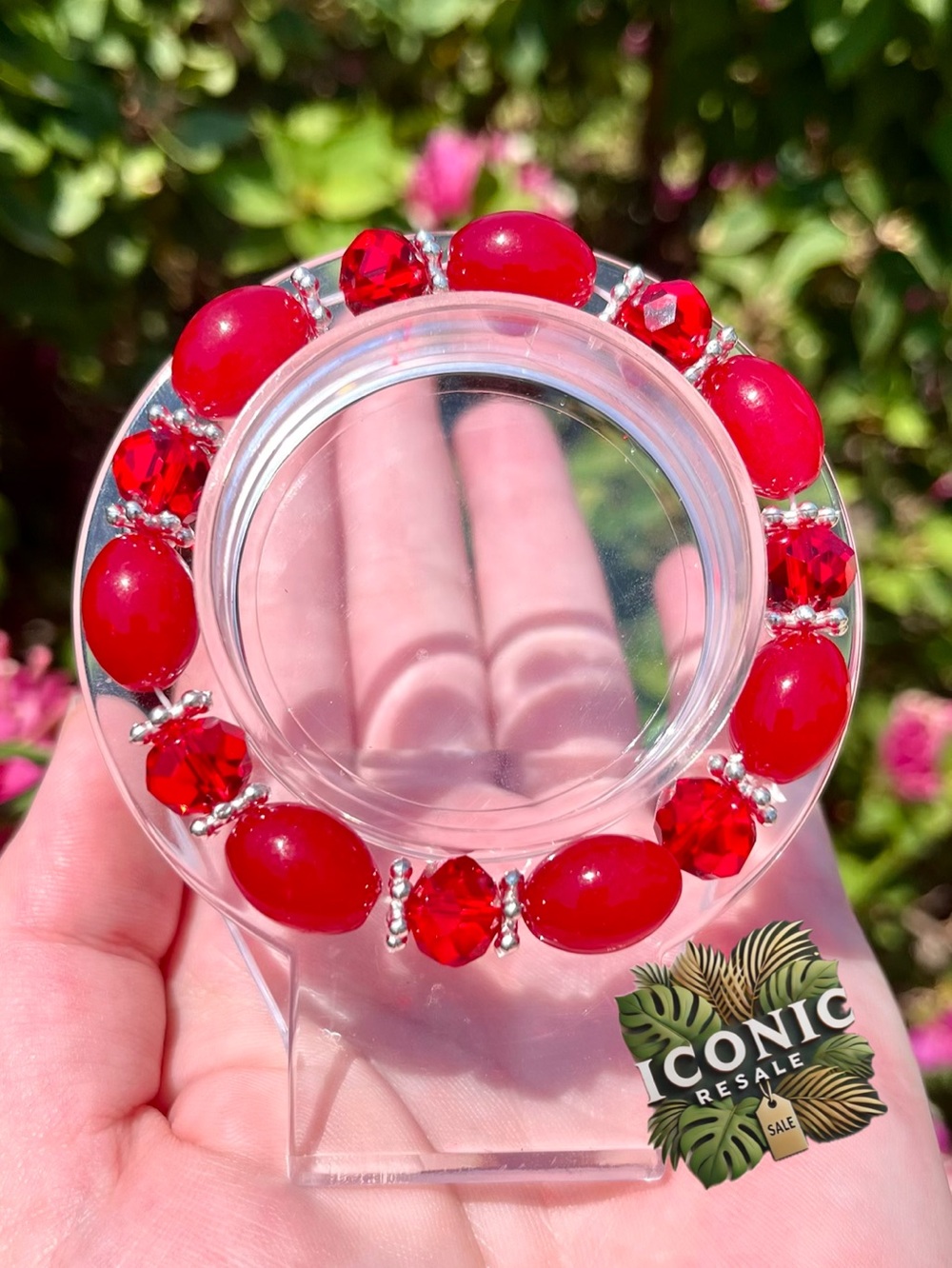 Red Glass Beaded Bracelet With Silver Accent NWOT